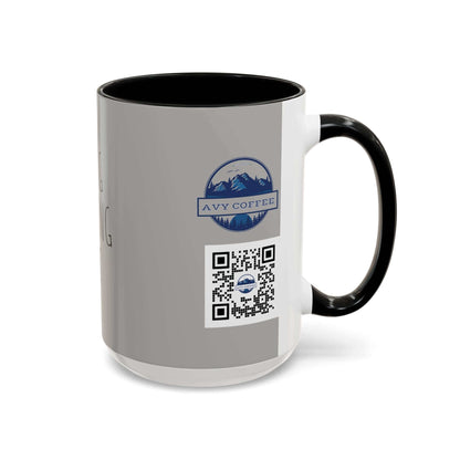 "Why I am Right Coffee Mug (11oz & 15oz) with Avy Coffee logo and QR code on glossy white ceramic mug with black handle"