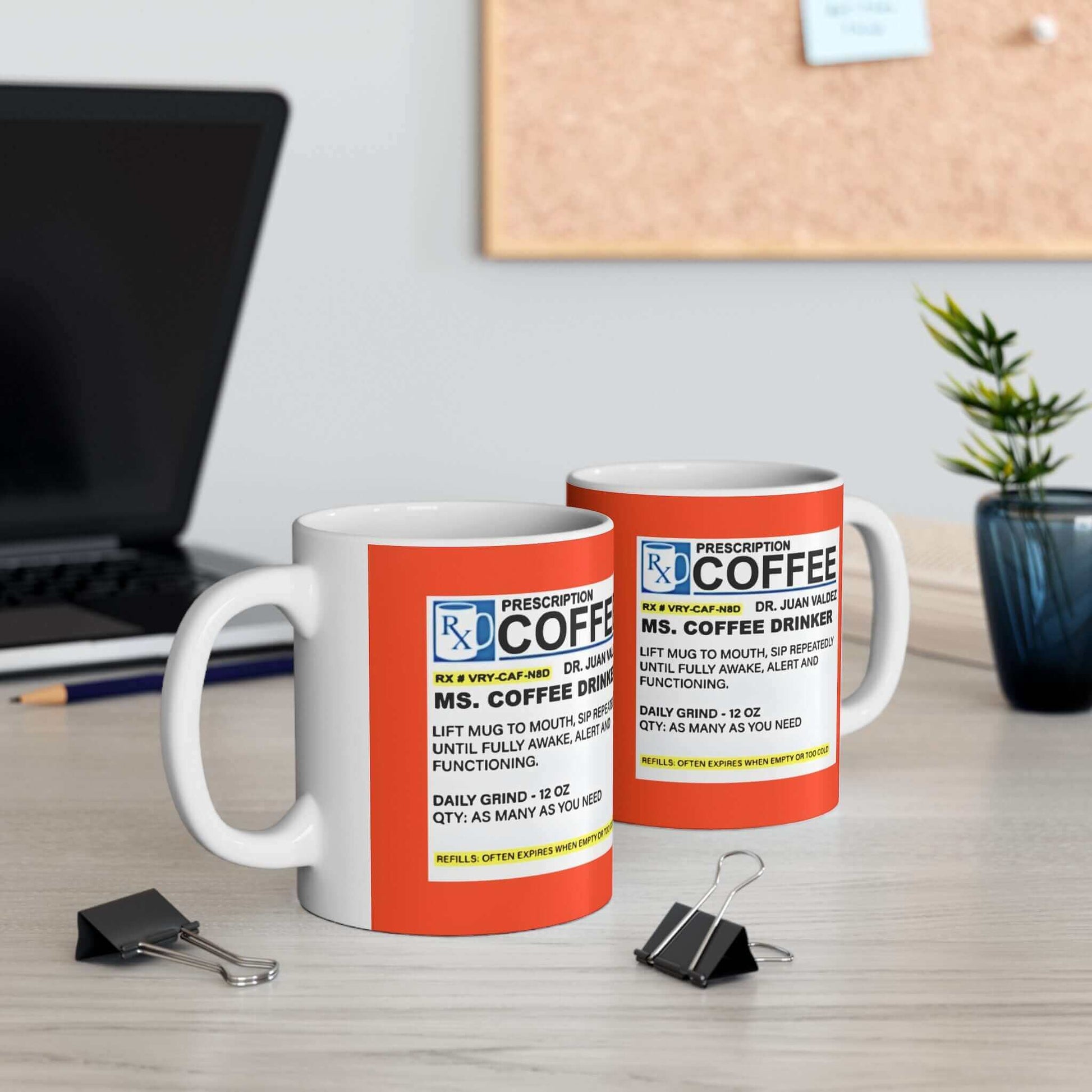 Two Prescription Coffee Mugs for Her (11oz, 15oz) on office desk with folders and plants, custom ceramic mugs in vivid colors