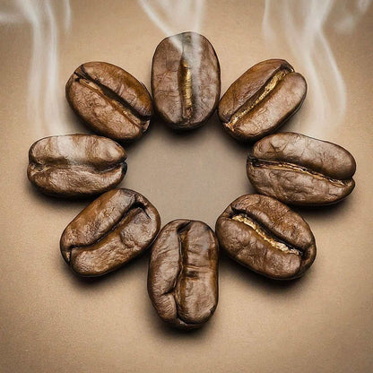 Aromatic 6 Bean Blend dark roast coffee beans arranged in a circle, perfect for espresso lovers looking for a global coffee experience.