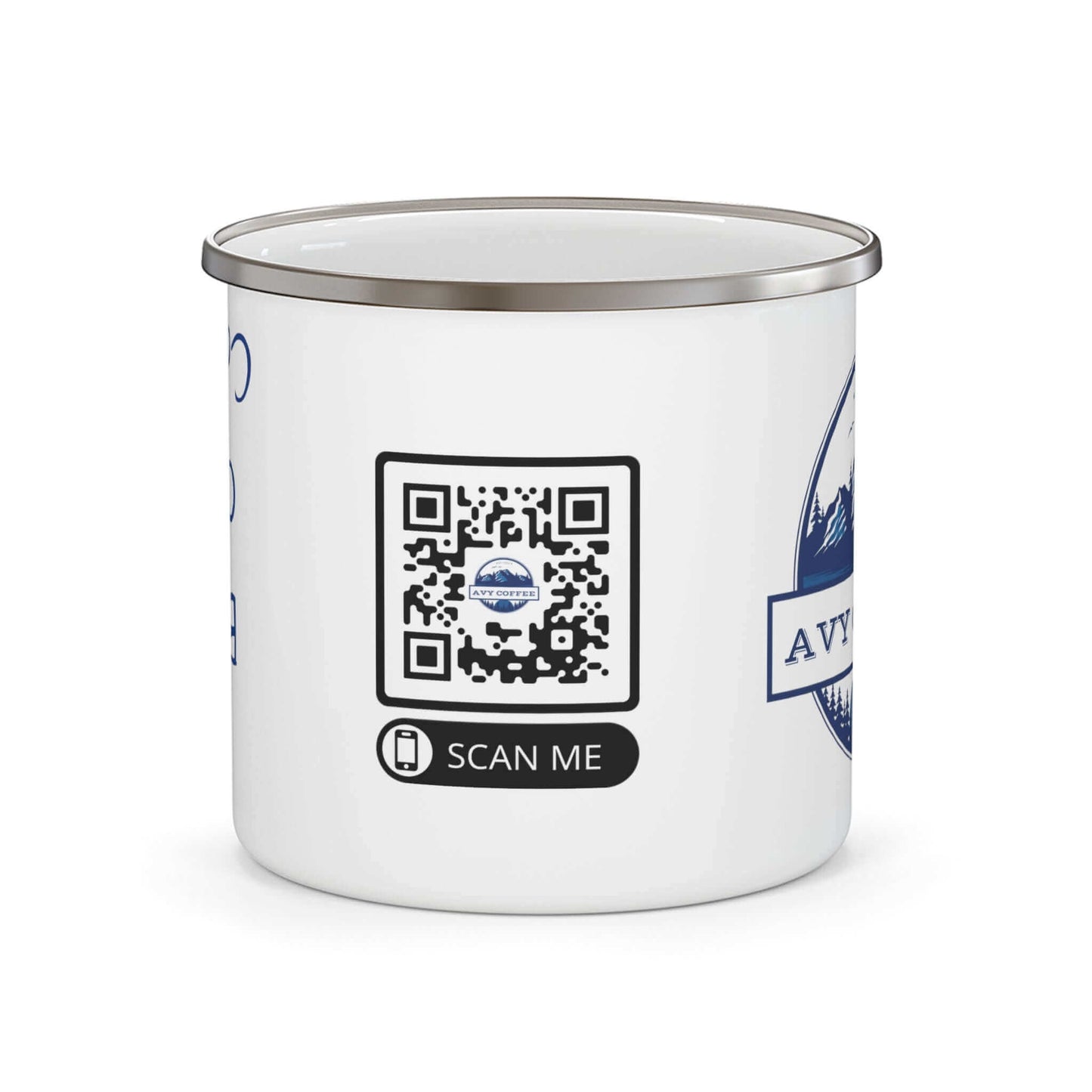 Enamel Camping Mug with QR code for scanning on white background ideal for outdoor activities, coffee, tea, or breakfast.