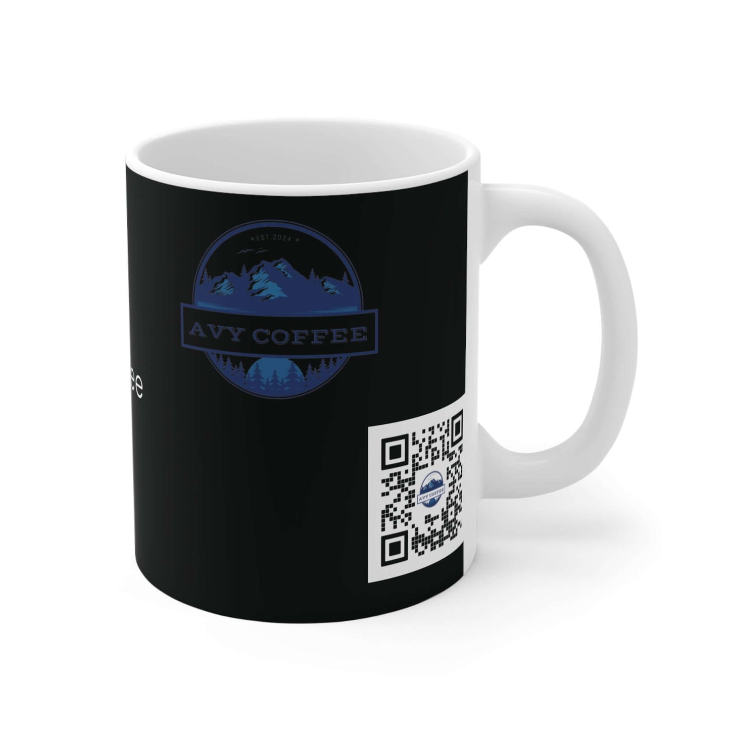 Black 11oz ceramic mug with "Wait a damn minute" text, Avy Coffee logo, and QR code, ideal for hot beverages like coffee, tea, and hot chocolate