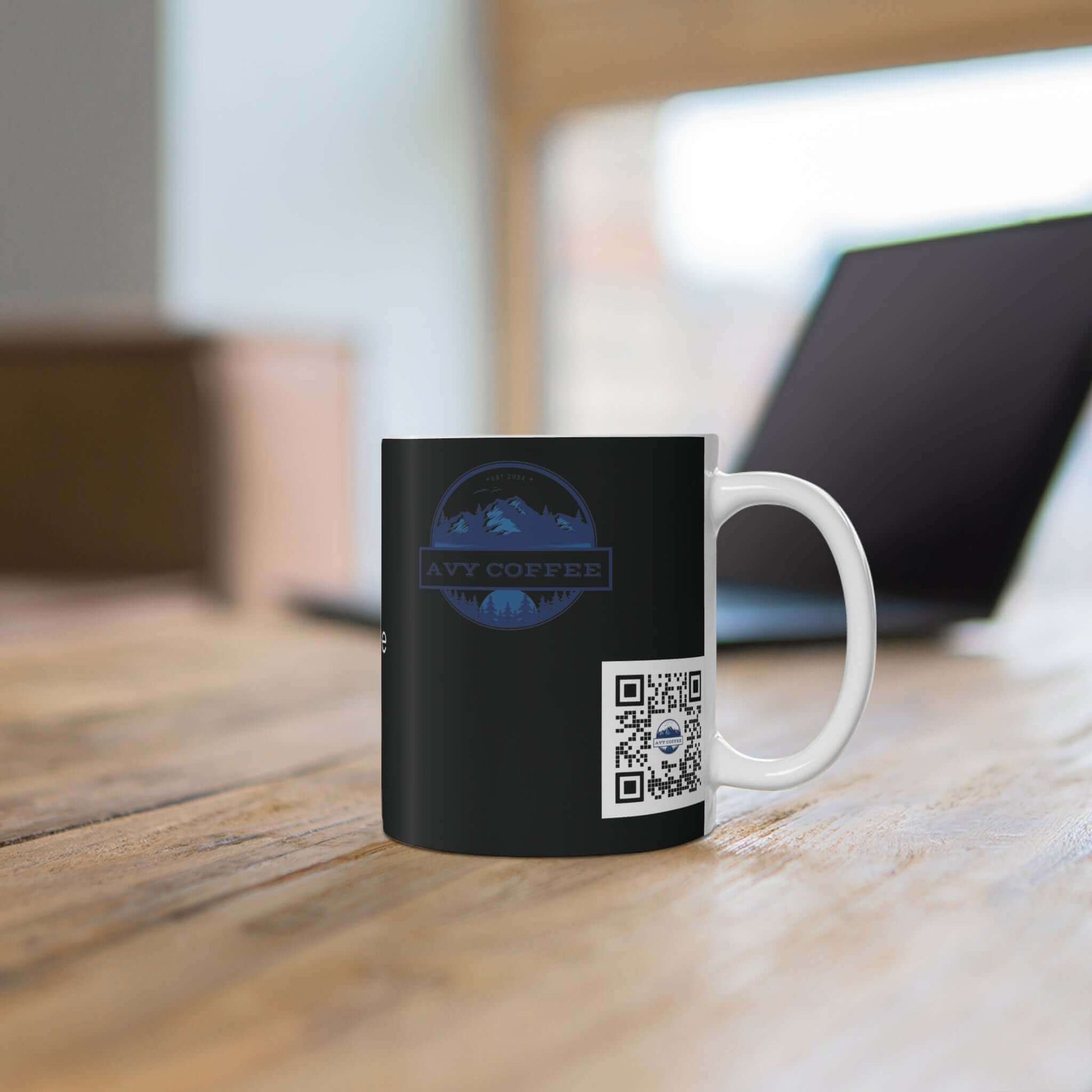 "Wait a damn minute. 11oz Mug on wooden table near laptop, perfect for coffee, tea, and hot chocolate, white ceramic with sublimation printing"