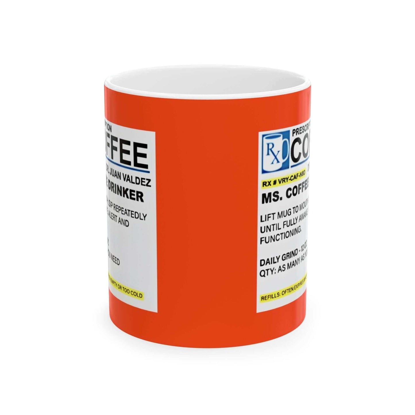 Prescription Coffee Mug - For Her (11oz, 15oz) in white ceramic with vivid colors and fun prescription label design.