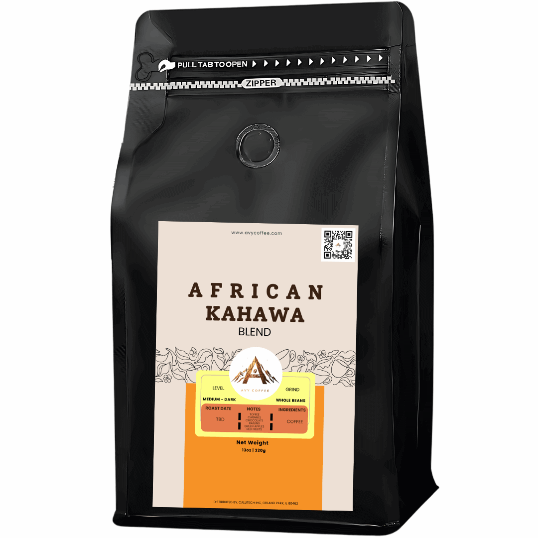 African Kahawa Blend Coffee showcasing a complex medium-dark roast with flavors of toffee, caramel, chocolate, and floral finish.