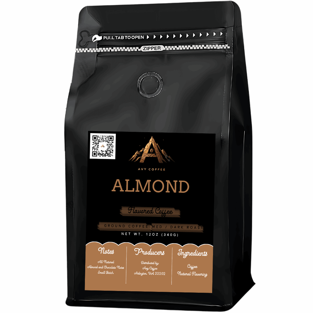 Naturally flavored Almond Coffee with premium Arabica beans in medium-dark roast from Papua New Guinea Estate Organic.