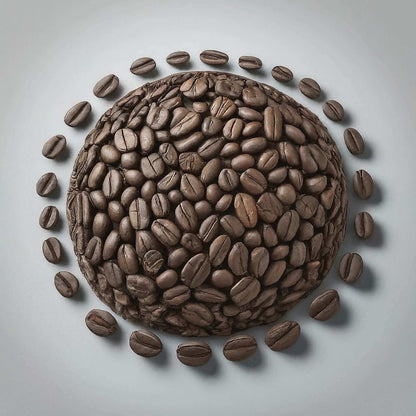 Brazil Pearl coffee beans arranged in a circular pattern showcasing their bold, nutty flavor and smooth texture.