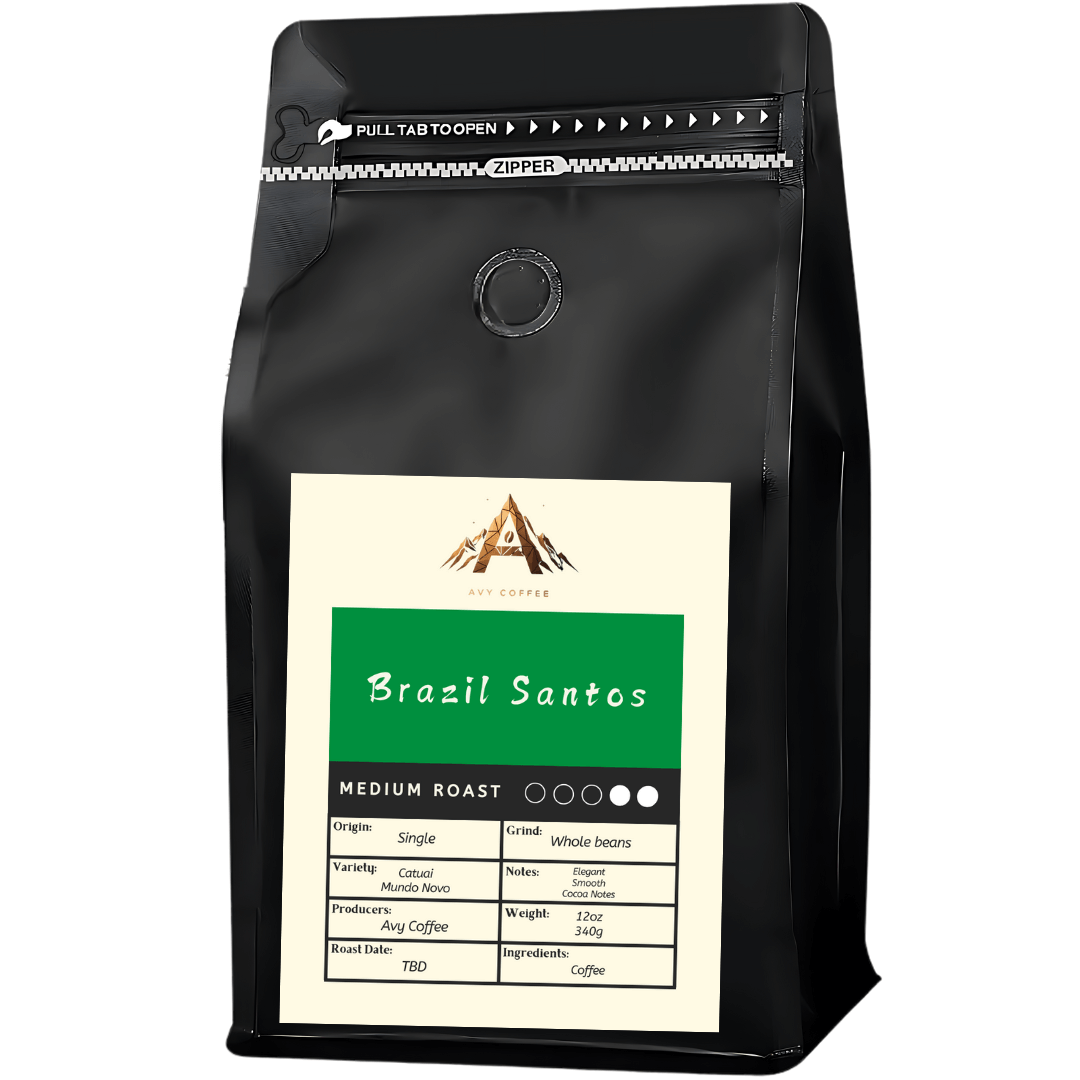 Brazil Santos coffee, medium roast, elegant cocoa notes, grown by Fazenda Santa Barbara in Parana and Sao Paulo, Brazil.