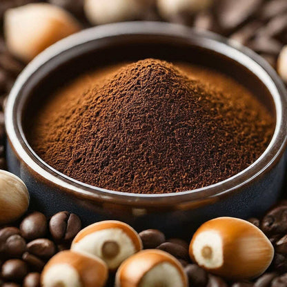 "Rich chocolate hazelnut flavored coffee surrounded by whole hazelnuts and coffee beans"