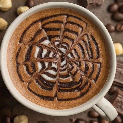 Cup of chocolate hazelnut flavored coffee with intricate latte art surrounded by hazelnuts and coffee beans