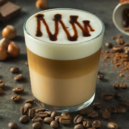 Rich chocolate hazelnut flavored coffee with mocha and hazelnuts, showcasing inviting aroma and texture, perfect for indulgent mornings.