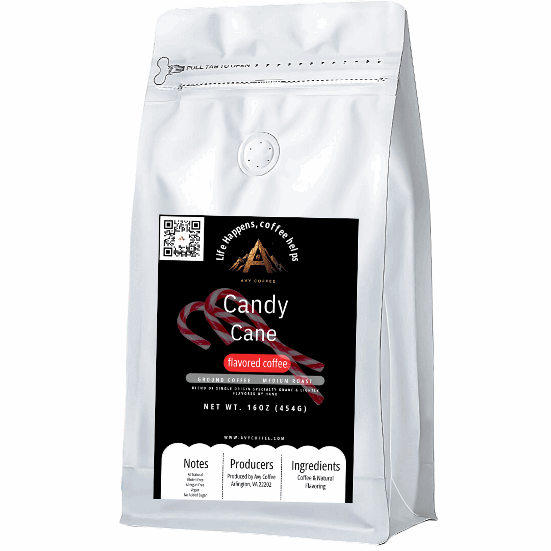 Enjoy all-natural Candy Cane flavored coffee for a festive and flavorful experience.