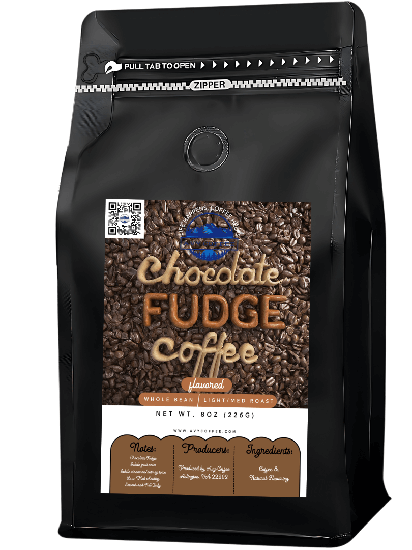 Bag of Chocolate Fudge Coffee with organic, fairtrade certification, light-medium roast, 8 oz (226g) package, from Antigua Guatemala.