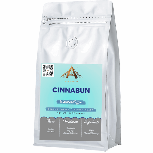 Medium roast Cinnabun flavored coffee with cinnamon roll taste and no added sugar, made from specialty grade single origin beans.