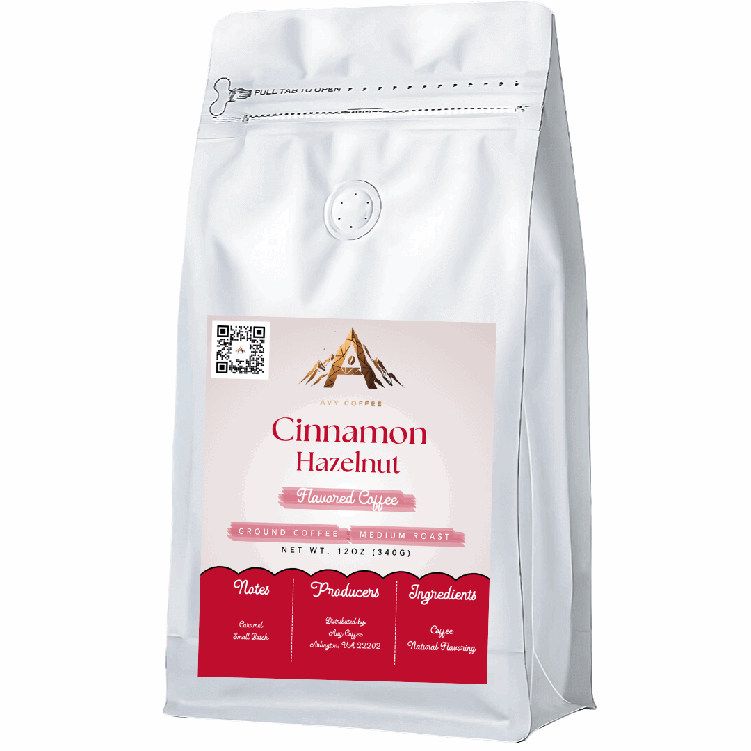 Cinnamon Hazelnut flavored coffee with medium roast, offering a smooth and mellow taste experience with natural flavoring.