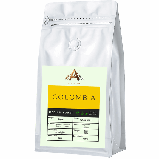 "Colombian medium roast coffee with notes of dried orange, berry, and chocolate from smallholder farmers in Medellin"