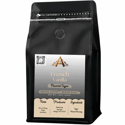 French vanilla coffee with medium roast, featuring rich and creamy flavors from small batch roasting and natural flavoring.