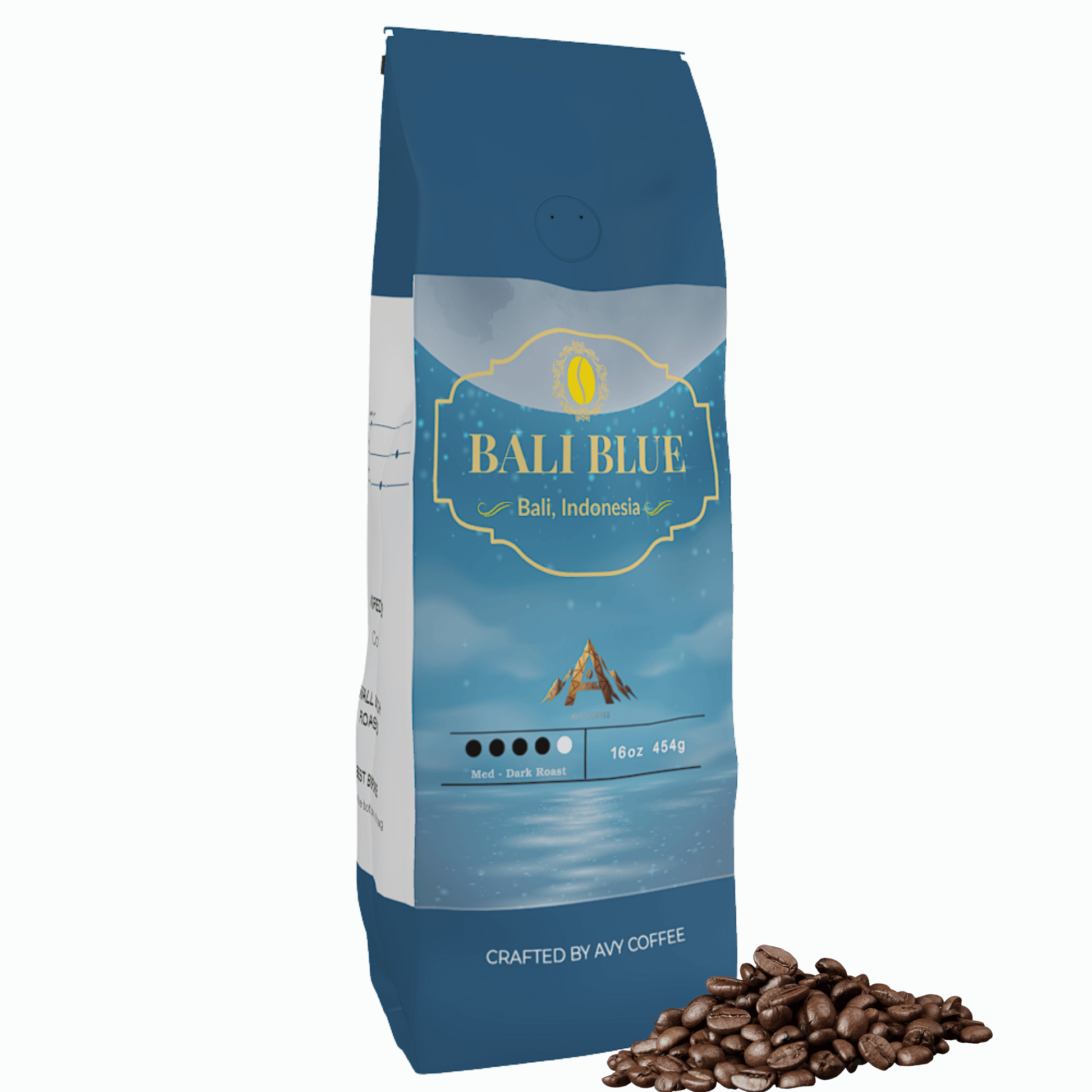 Bali Blue Coffee bag showcasing organic beans from Bali, Indonesia, with a rich volcanic soil background.