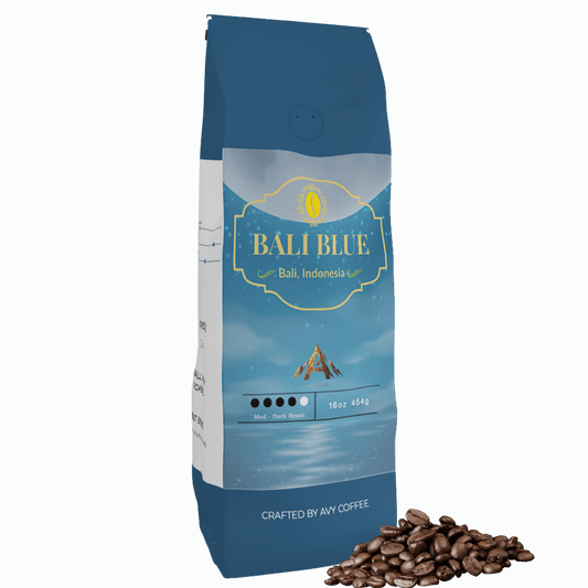 Bali Blue Coffee bag showcasing organic beans from Bali, Indonesia, with a rich volcanic soil background.