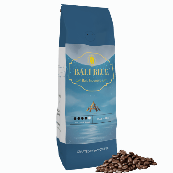 Bali Blue Coffee bag showcasing organic beans from Bali, Indonesia, with a rich volcanic soil background.