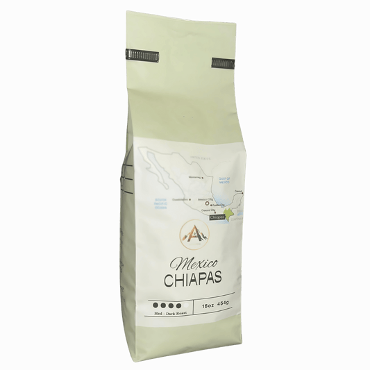 Bag of Mexico Chiapas organic coffee, a premium dark roast from the highlands of Mexico.