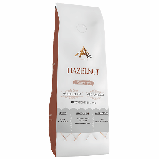Hazelnut Flavored Coffee whole bean medium roast bag with net weight details and tasting notes.