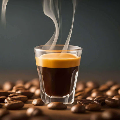 Steaming espresso shot surrounded by coffee beans, highlighting rich Organic Mexico Chiapas coffee flavor.