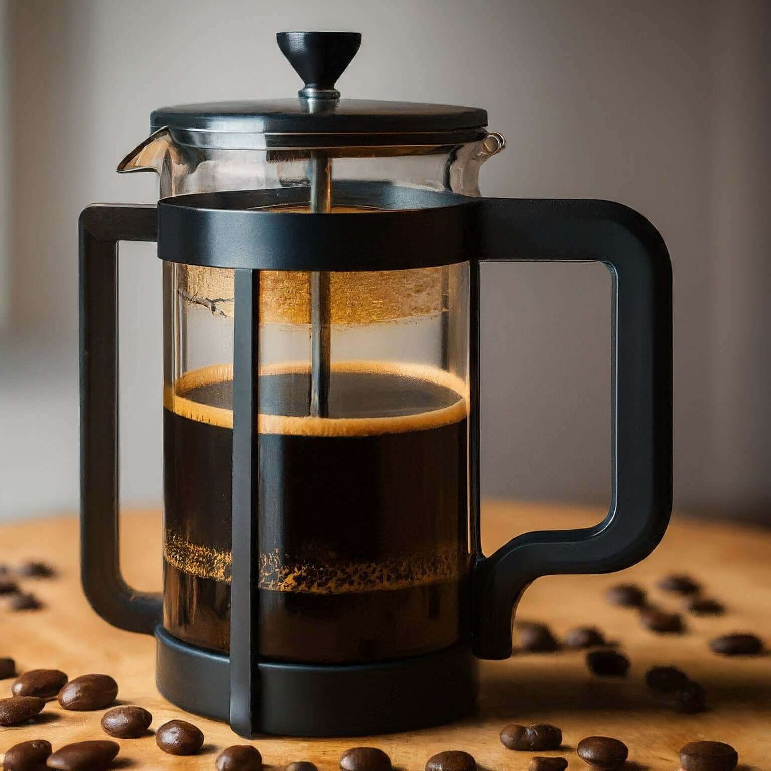 French press coffee maker filled with freshly brewed dark coffee next to scattered coffee beans on wooden table