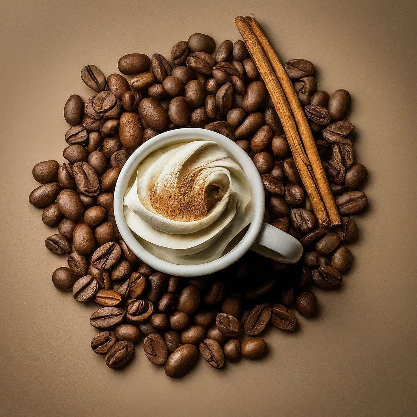 Cup of coffee surrounded by coffee beans and cinnamon sticks on a beige background