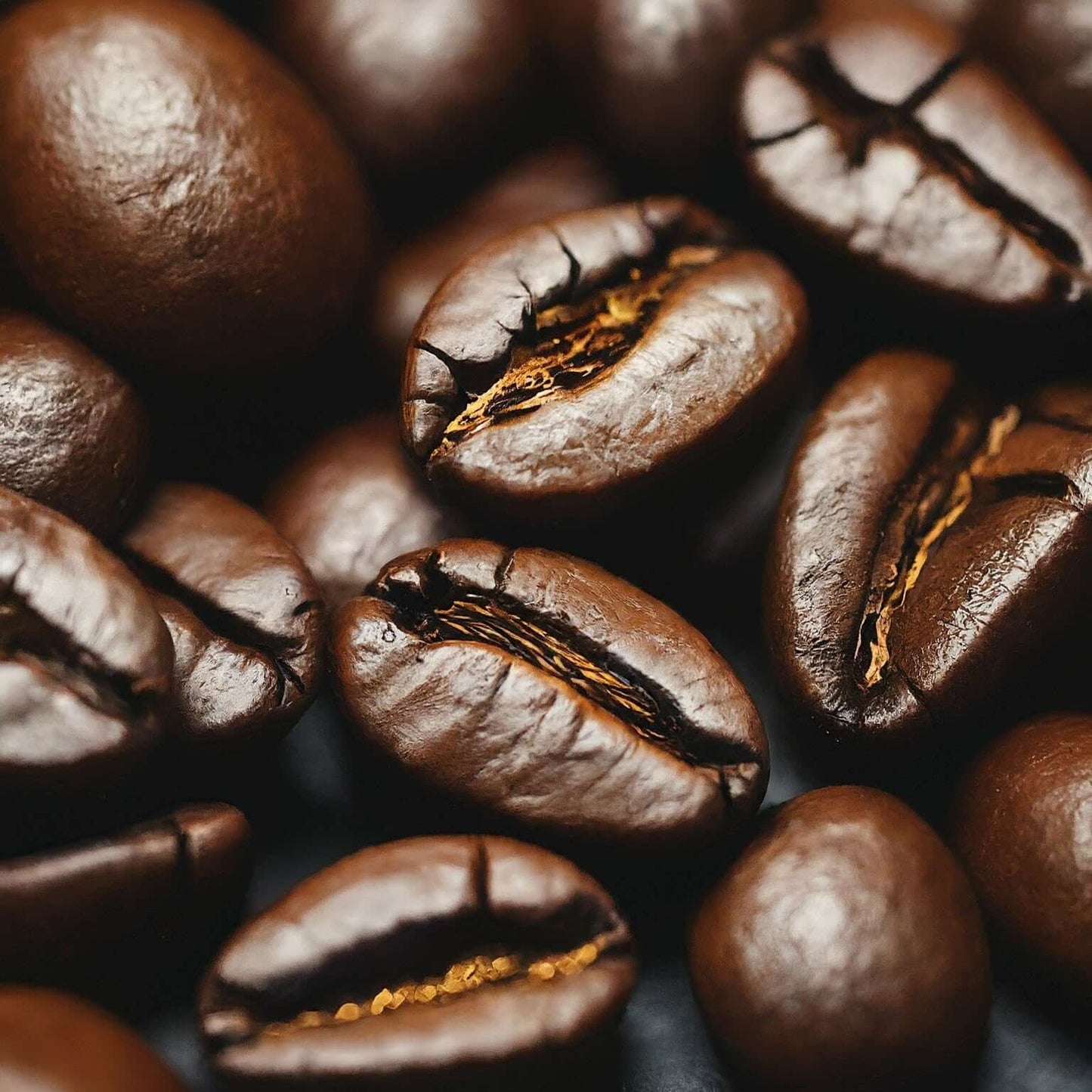 Close-up of light-medium roasted coffee beans with chocolate fudge, cocoa, berries, caramel, and nutty flavors from Antigua Guatemala.