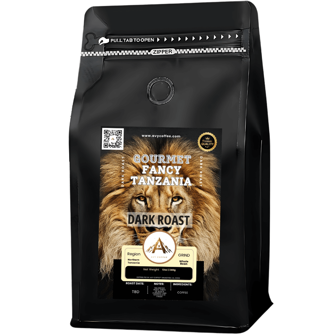 Gourmet Fancy Tanzania coffee with medium-dark roast, hints of black currant and chocolate, grown in Northern Tanzania at 1,334m.