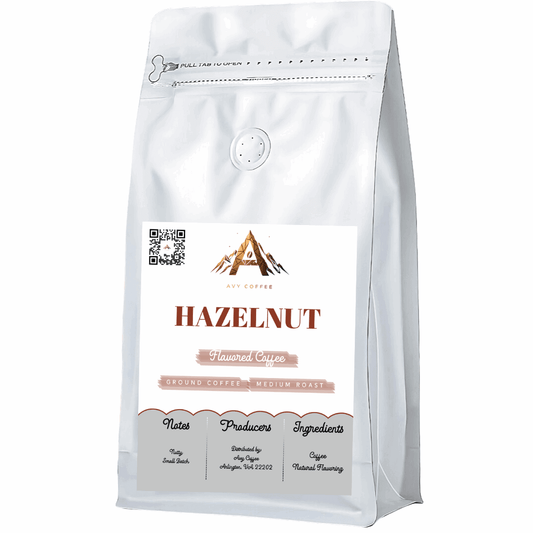 Premium Hazelnut Delight coffee blend with rich nutty flavor, medium roast, featuring Brazilian beans for a smooth taste experience.