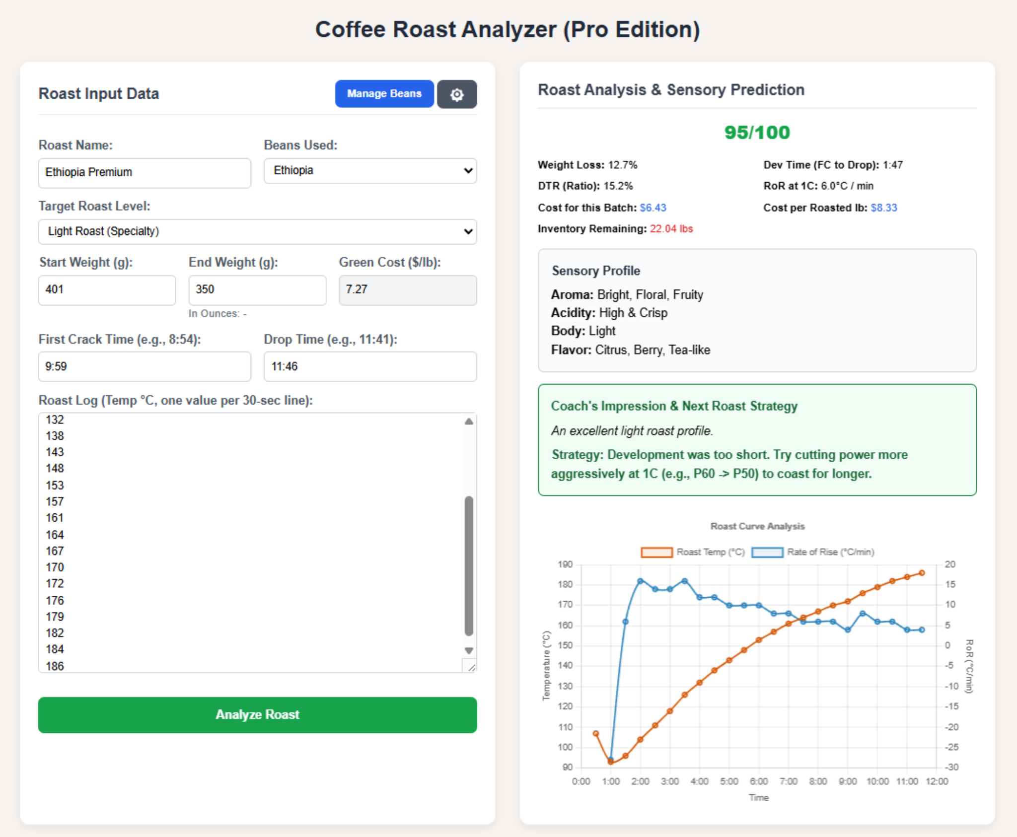 The Roaster's Dashboard: Pro Edition (Analyzer, Coach & Costing Tool)