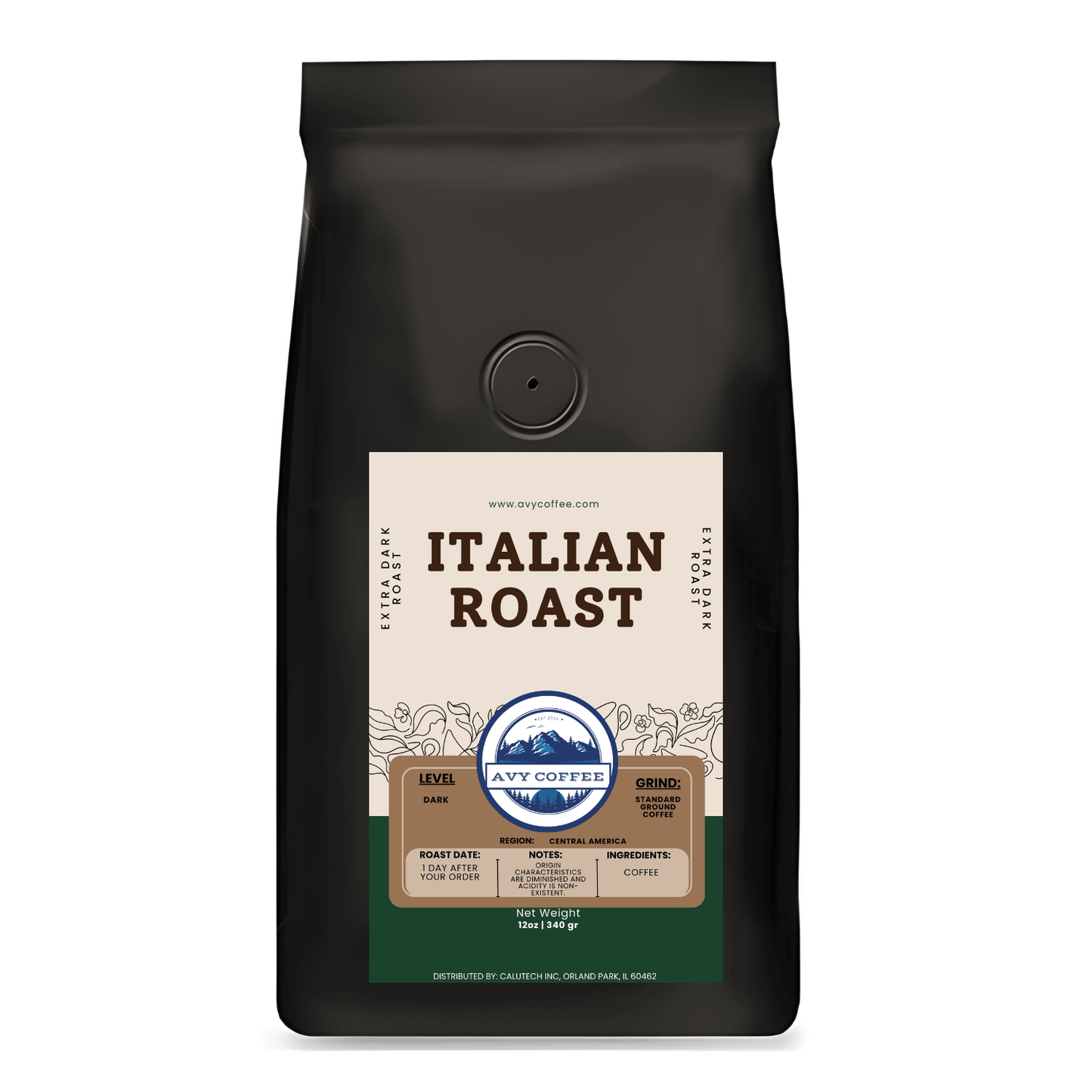 Bag of Italian Roast coffee, extra dark oily roast from Central American beans for deep, heavy flavor, no acidity.