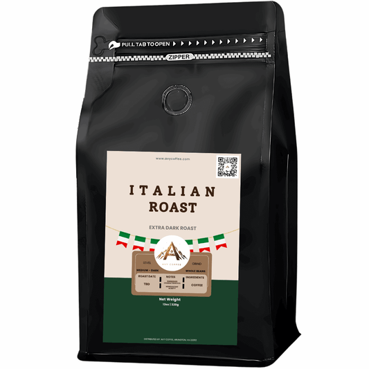 Italian Roast coffee, extra dark oily roast with rich, deep flavor, crafted from Central American beans, low acidity.