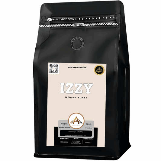 Izzy medium roast coffee packaging with quality seal and tasting notes.