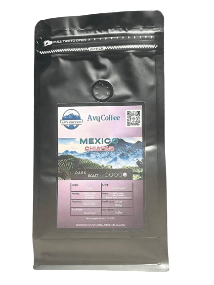 Bag of AvyCoffee Mexican Chiapas MOCABE SHG EP Organic dark roast coffee from Mexico.