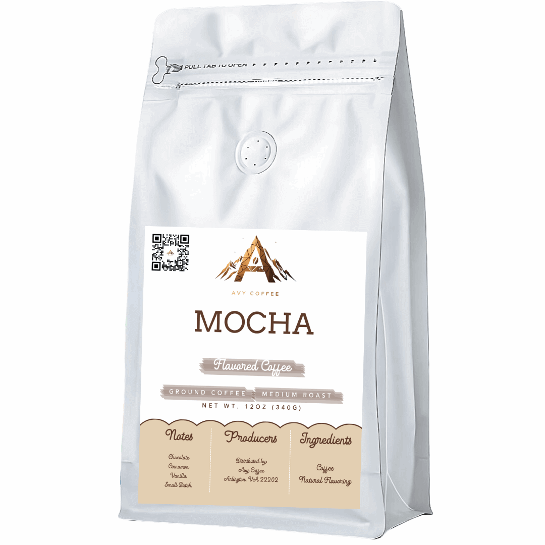 Mocha flavored coffee with rich chocolate decadence and natural oils, medium roast arabica beans, specialty grade arabica.