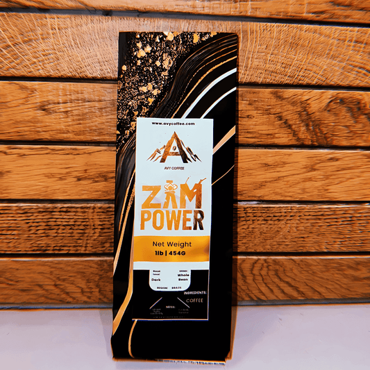 Zam Power Coffee packaging showcasing dark roast from Brazil, emphasizing rich flavors and smooth experience.