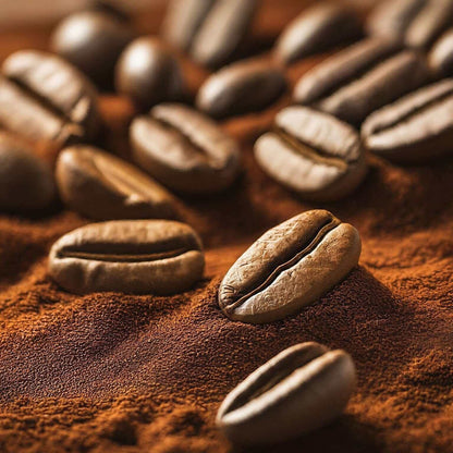 Rich Pumpkin Spice Flavored Coffee beans resting on a bed of ground coffee, highlighting their premium quality and aroma.