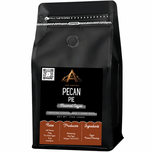 Pecan Flavored Coffee with roasted pecans, caramelized sugar, and browned butter notes in 12oz packaging, all natural and vegan.