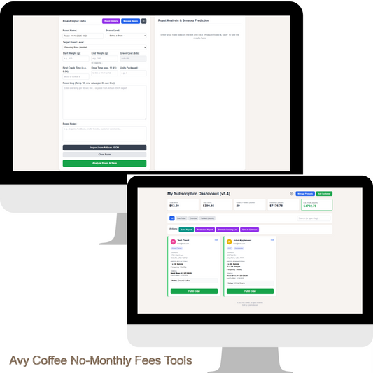 The Avy Coffee Ops Suite (Analyzer + Tracker Bundle) user interface showing roast analysis and subscription dashboard.