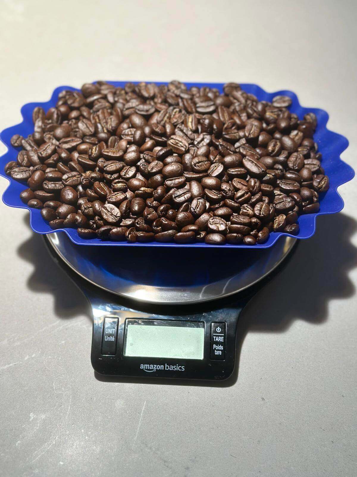 Mexican Chiapas MOCABE SHG EP Organic coffee beans in a blue tray on a digital scale.