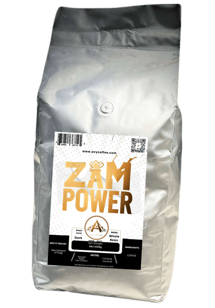 Zam Power coffee bag featuring dark roast whole beans with a sleek silver design.