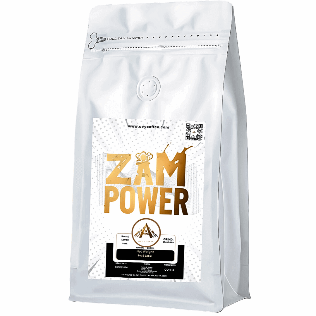 Zam Power Coffee Dark Roast with Smooth, Nutty, Caramel Notes from Fazenda Mayara, Brazil, Natural Process, 1100m Altitude.