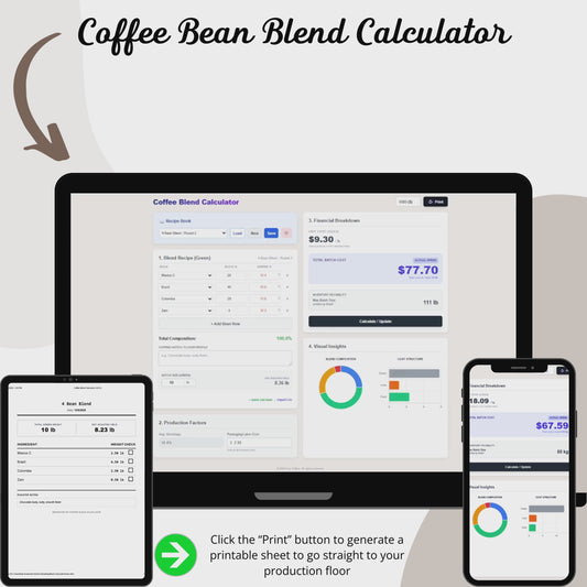 Coffee Blend & Cost Calculator interface on multiple devices showcasing blend calculation features.
